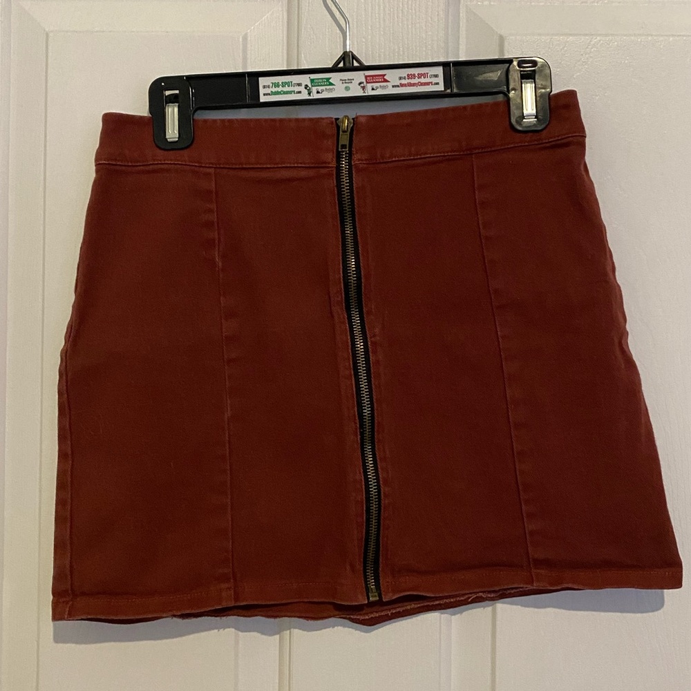Burgundy denim zip front mini skirt